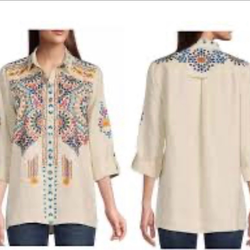 John Mark Beige Tunic Linen with Vibrant Embroidery Size Large